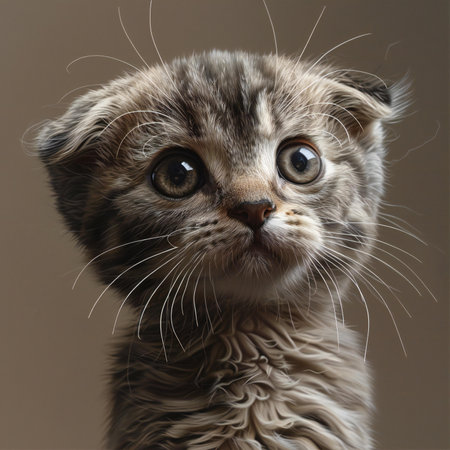 Close-up portrait of a scottish fold kitten on gray backgroundの素材