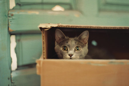 Cute cat looking out of a wooden box in the room.の素材