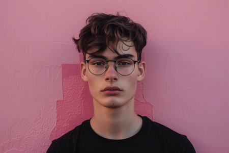 Portrait of a handsome young man with short hair, wearing black t-shirt and glasses, against pink wallの素材