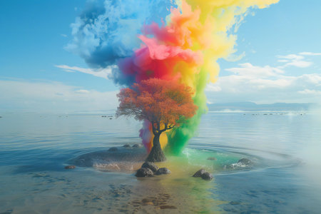 Tree in the water with colorful smoke in the form of a rainbowの素材