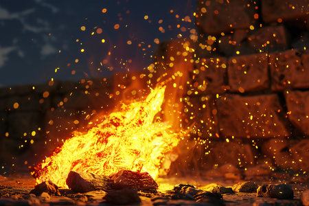 Flames of fire in a fireplace, close-up at nightの素材