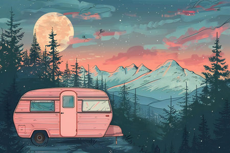 Retro camper van in the forest at night. Vector illustration.の素材