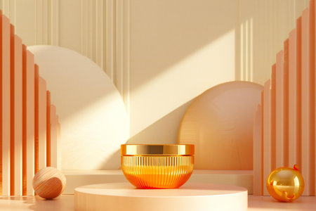 3d rendering of minimal geometric forms. Glossy golden podium for your design. Fashion show stage.の素材
