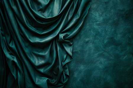 Dark green satin drapery fabric background. Close up.の素材