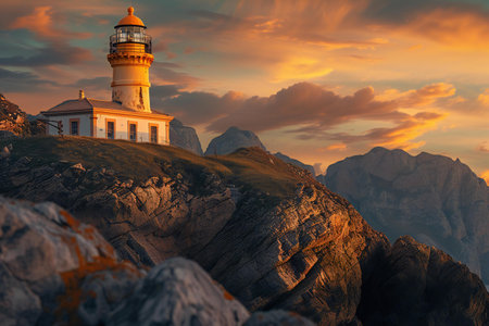Lighthouse in the mountains at sunset. Beautiful landscape with a lighthouse.の素材