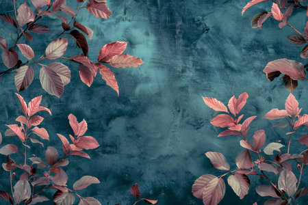 Autumn leaves on a grunge blue background with space for textの素材