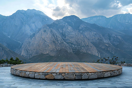 Empty wooden platform with mountain background. For display or montage your productsの素材
