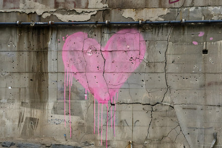 graffiti on the wall of an abandoned building with a pink heartの素材