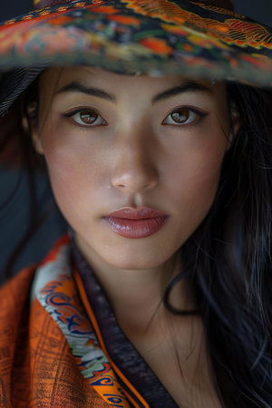 Close up portrait of a beautiful asian woman wearing a straw hatの素材