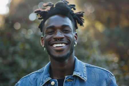 Portrait of a young african american man with dreadlocks smiling at the camera.の素材