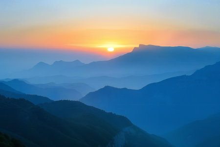 Mountain landscape at sunset. View from the top of the mountain.の素材