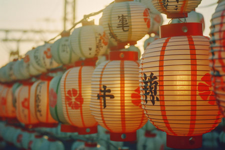 Japanese lanterns in the morning, close-up. The concept of the Chinese New Year.の素材