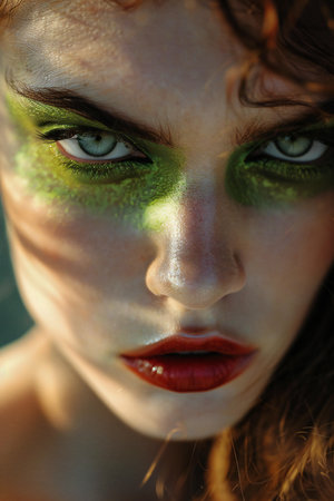 Close-up portrait of a beautiful young woman with green make-upの素材