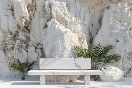 White marble bench with palm tree on the background of white cliffs.の素材