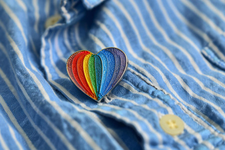 Colorful heart on blue striped shirt, symbol of love and Valentine's dayの素材