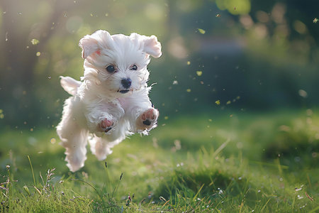 Bichon Frize dog running in the field. Shih Tzuの素材