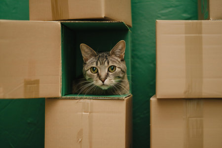 cat in a cardboard box on a green background. Cat in a cardboard boxの素材