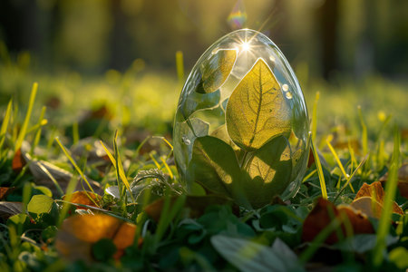 Glowing glass ball with green leaves on green grass in sunlight.の素材