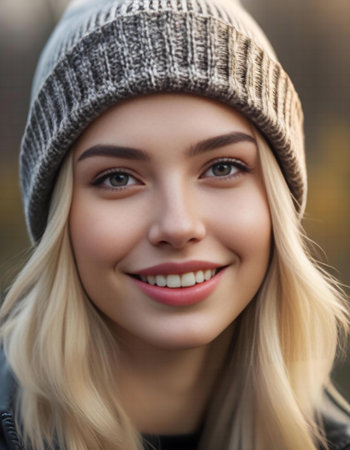 Close up portrait of a beautiful young woman in a knitted hatの素材