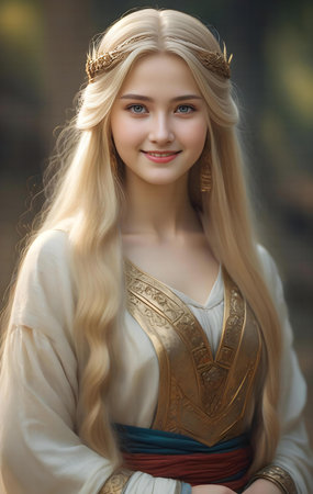 Portrait of a beautiful blonde girl with long hair in a medieval costume.の素材