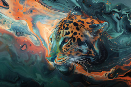 leopard on the background of the water in the form of an abstract patternの素材