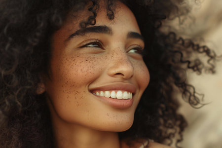 Close up portrait of a beautiful african american young woman smilingの素材