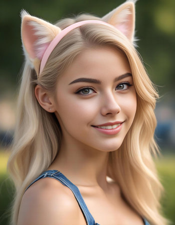 Portrait of a beautiful young woman with a fox headband.の素材