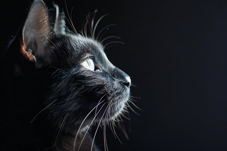 Portrait of a black cat on a black background. Close-up.の素材