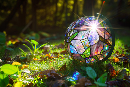 Colorful stained glass ball on green grass with sunbeams.の素材