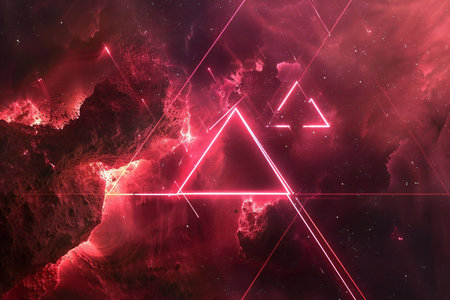 Neon triangle abstract background, 3D illustration, space background.の素材