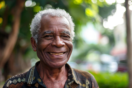 Portrait of a senior African man smiling at the camera outdoors.の素材