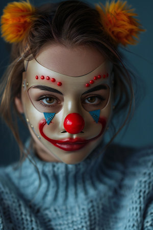 Portrait of a beautiful girl with a clown mask on her faceの素材