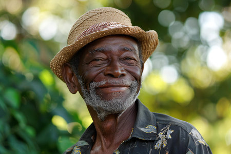 Unidentified Ghanaian man in a hat smiles at the local market. People of Ghana suffer of poverty due to the economic situationの素材