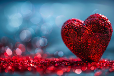 Valentines day background with red heart on bokeh backgroundの素材