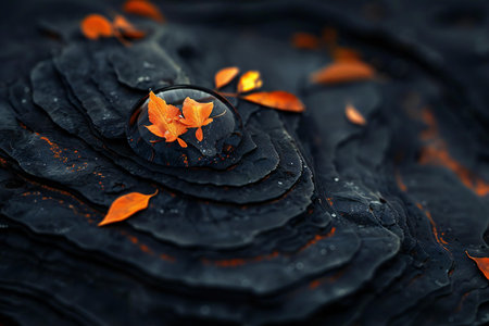 Wet black lava with water drops and autumn leaves on it.の素材