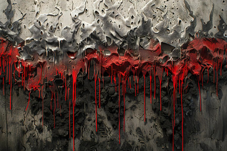 Red blood splatter on black metal wall. Abstract background for design.の素材
