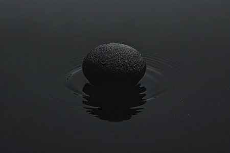 Ripples on the surface of water with a black stone in the foregroundの素材