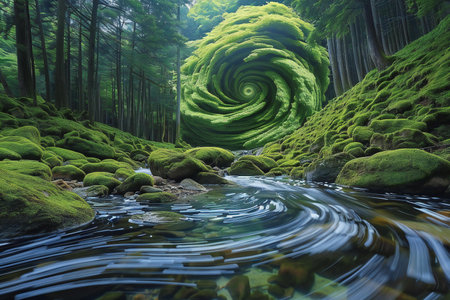 Oirase stream flowing through the green mossy forest in Japanの素材