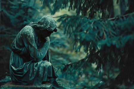 Vintage portrait of a sad woman sitting alone in the cemetery.の素材