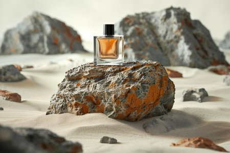 Perfume bottle on a stone in the desert. 3d renderの素材