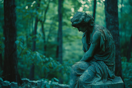 Statue of a sad woman in the forest. Toned.の素材