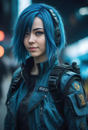 Portrait of a beautiful young woman with blue hair and headphones.の素材