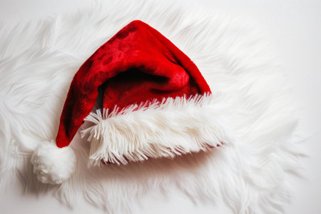 Santa Claus red hat on white fur background. Christmas and New Year concept.の素材