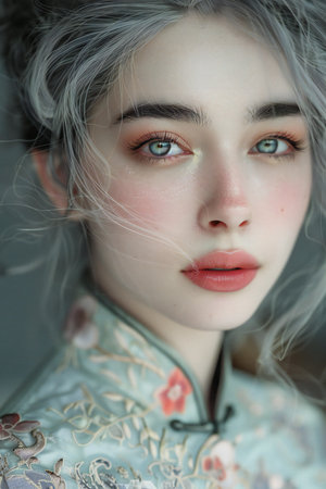 Portrait of a beautiful girl in a kimono with blue eyesの素材