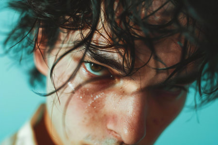 Portrait of a young man with wet hair. Close-up.の素材