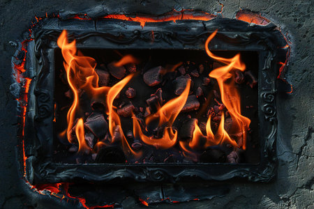 Burning fire in the fireplace, close-up, top viewの素材