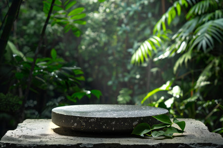 Empty round stone platform for product display and green nature background. Mock upの素材
