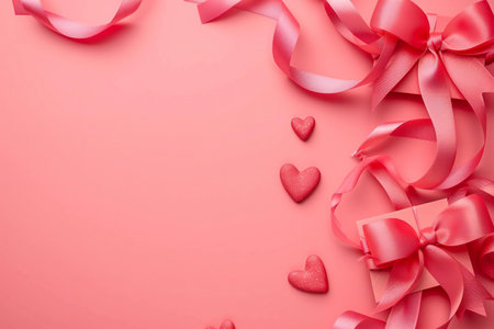 Valentines day background with pink ribbons and hearts on pink backgroundの素材