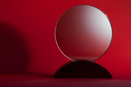 Empty round mirror on a red background.の素材