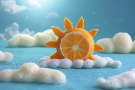 Sun and white wool on blue background. Concept of summer time.の素材